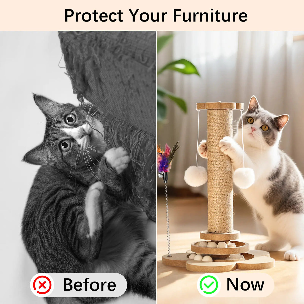 Pawaboo 9.45'' Cat Scratching Post, Cat Scratcher Tree Tower Scratching Posts for Indoor Cats, Sisal Kitten Scratch Posts Trees with Hanging Fluffy Balls and Track Balls, Furniture Protector Cat Toys Wood