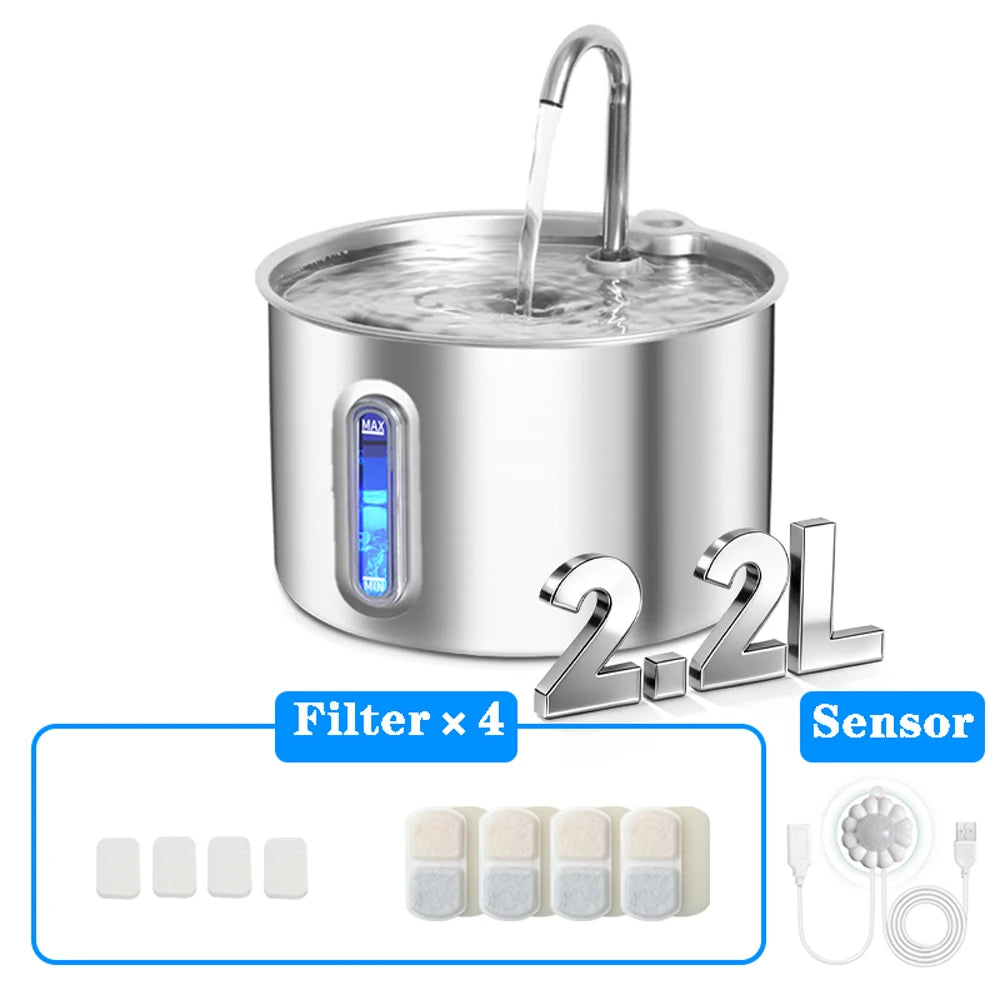 2.2L Stainless Steel Automatic Pet Water Dispenser Fountain For Cats And Dogs Drinking Bowl Easy To Clean Multiple Pets Supplies