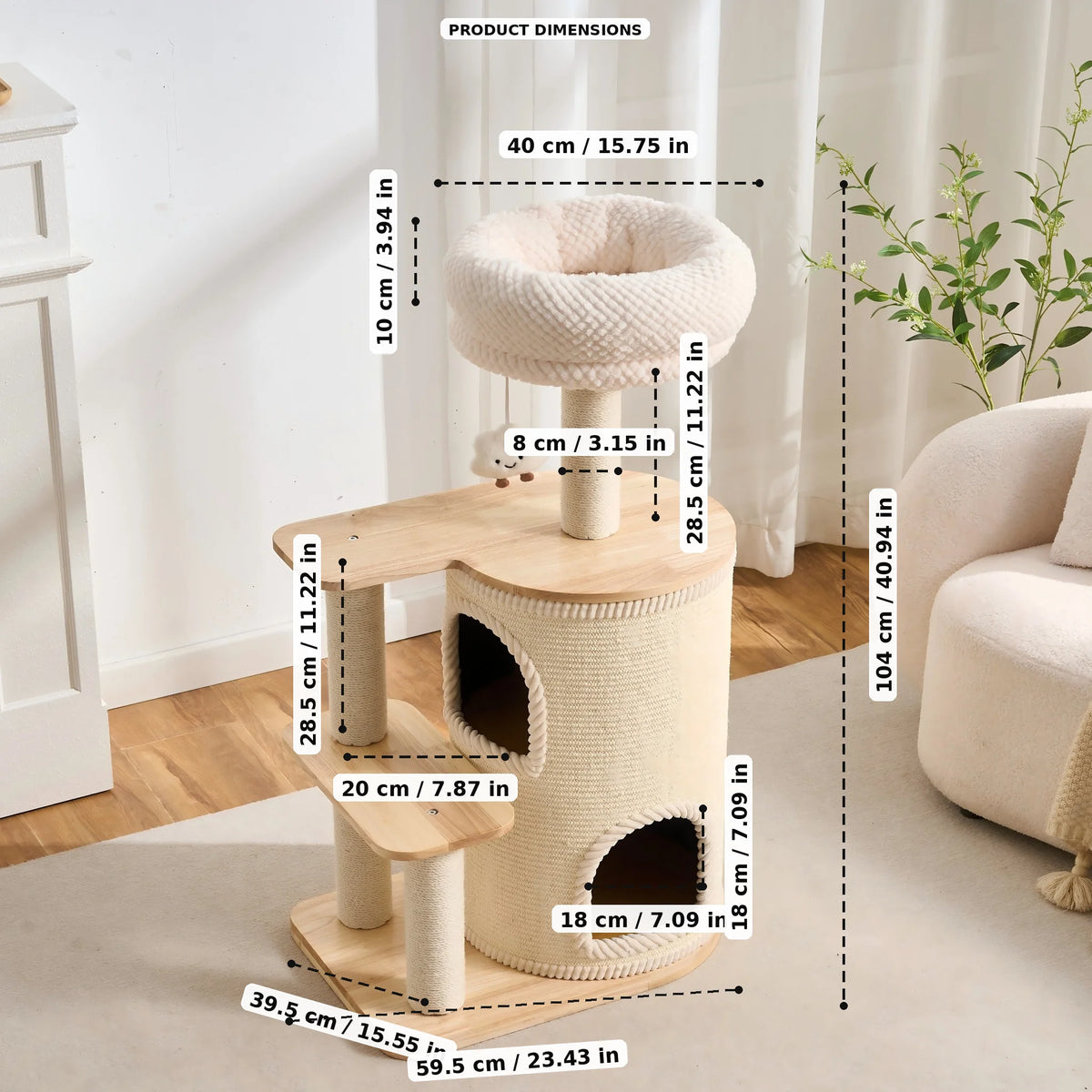 40.9-Inch Modern Wooden Cat Tree for Indoor Cats, Multi-Level Cat Tower with Double Cat Condo, Plush Top Bed, Sisal Scratching Posts and Climbing Platforms