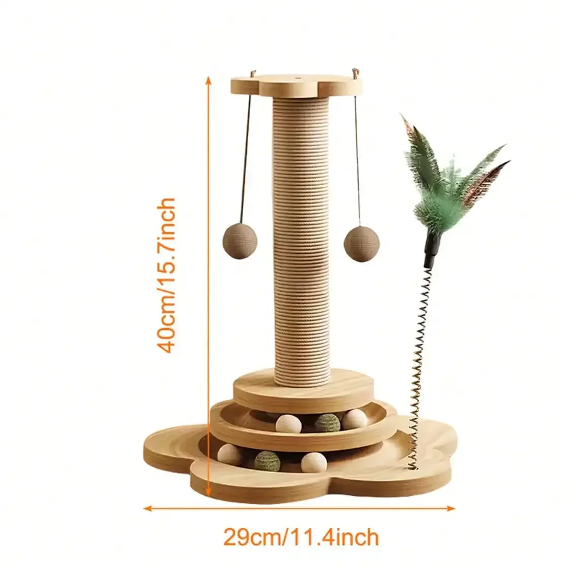 Solid Wood Cat Scratching Post Activity Center Natural Sisal Wrap Multi-Layer Turntable Platform With Rolling Catnip Balls Hanging Pom-poms & Spring Feather Toy Interactive Grinding Claw Play Tower For Indoor Cats