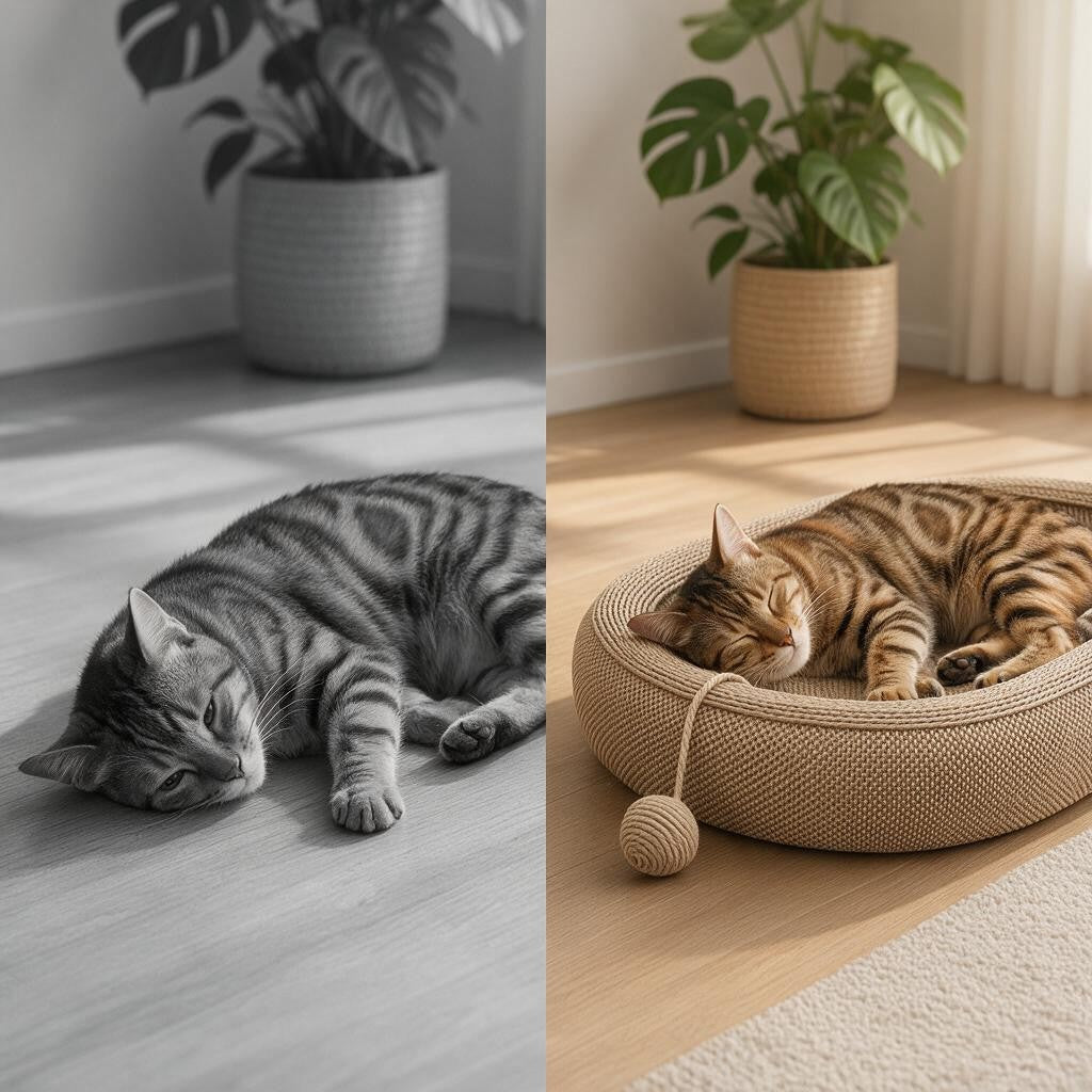 A split-screen comparison showing a cat in two settings. The left side is a black-and-white photo of a striped cat sleeping on a wooden floor.