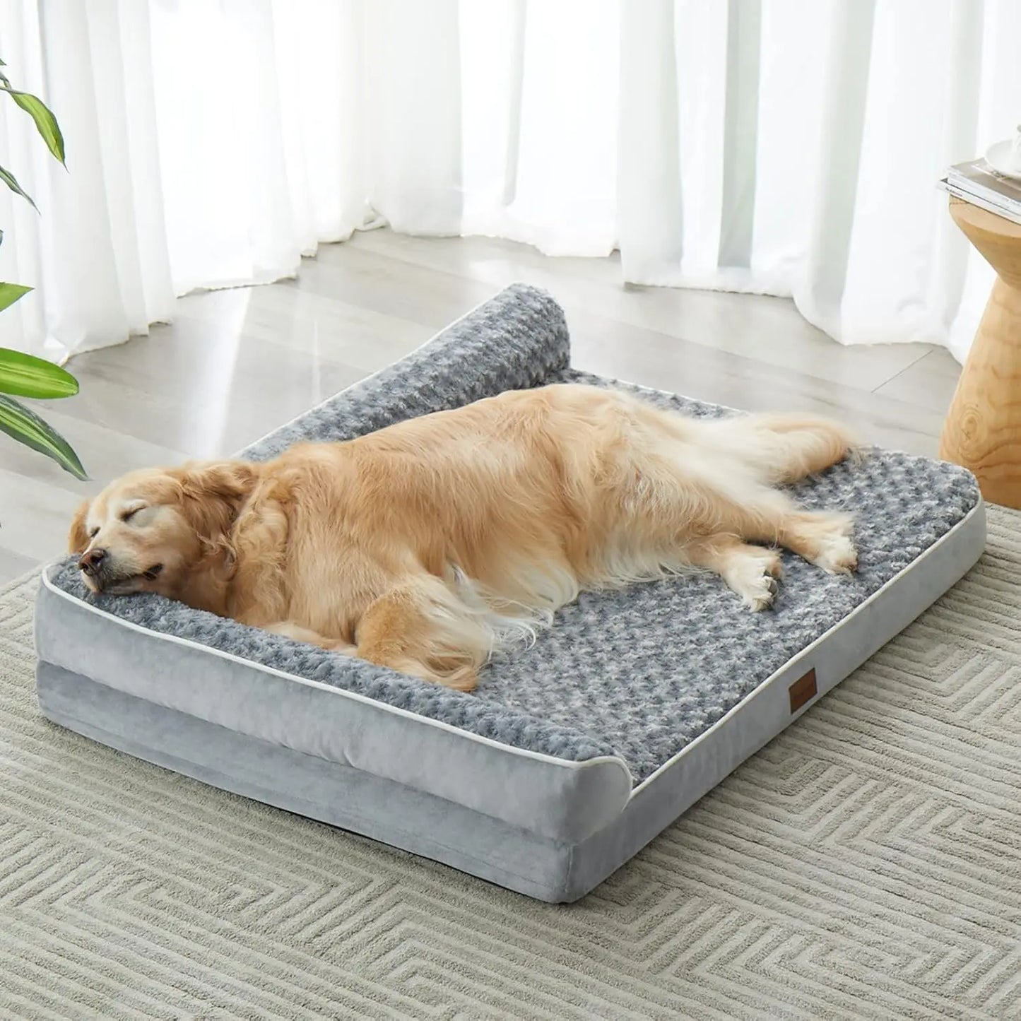 Orthopedic L-Shaped Extra Large Dog Bed - 42"X30"X6.5" Waterproof Velvet-Top Sofa, Pressure Relief Memory Foam, Joint Support, Detachable Washable Snap-Zipper Cover, Self-Warming Soft Surface, Non-Slip Bottom, Chew Resistant, for Apartment Decor