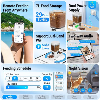 Dual Automatic Feeder with Camera for 2 Cats: 5G Wifi Automatic Feeder with Night Vision, 7L Auto Dispenser with Two Camera for Multiple Pet, Easy to Clean-29 Cup(Acf180W-A)