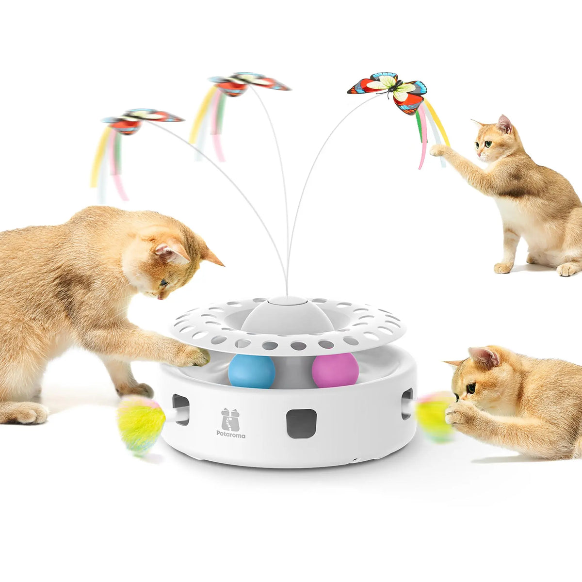 Potaroma Premium 3-In-1 Automatic Interactive Cat Toy, Fluttering Butterfly, Ambush Feather, Track Balls, Dual Power, USB Powered, Indoor Enrichment Toy for Kittens & Cats, Polypropylene, 4 Aa Batteries, Flexible Dual Power System, Healthy Activity Levels