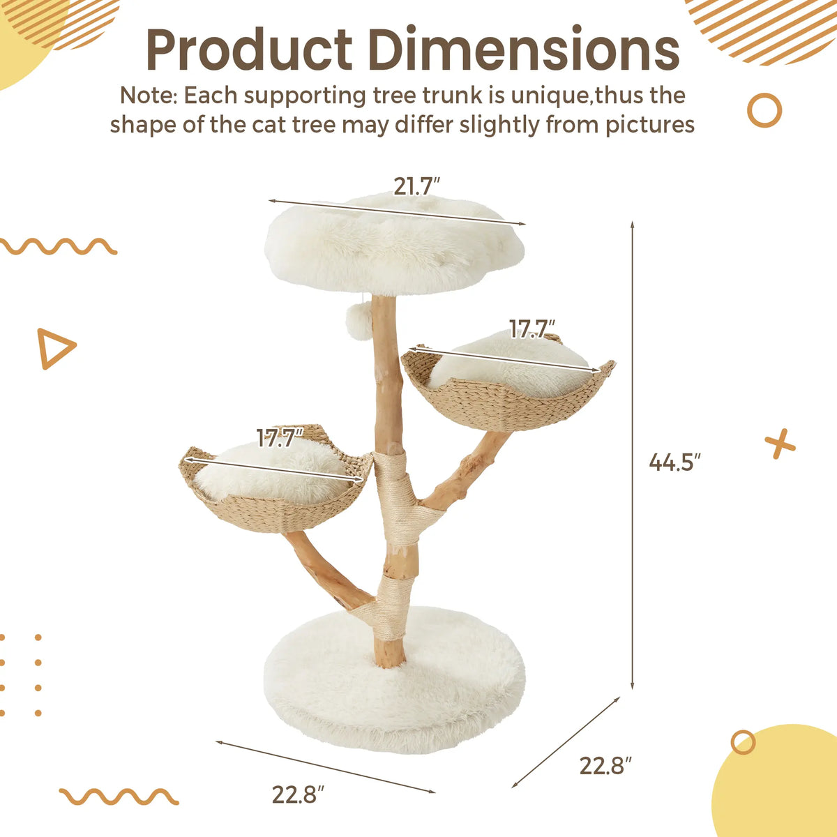 EROMMY Natural Wood Cat Tree - 37-Inch Holiday Edition, Hand-Woven Baskets, Sisal Scratching Posts, Star Scratcher, Festive Santa Hat Design, Wide Base for Calm Play, Washable Cover, Interchangeable Parts, 2 Hanging Stars, Cozy Indoor Tower for 2 Cats