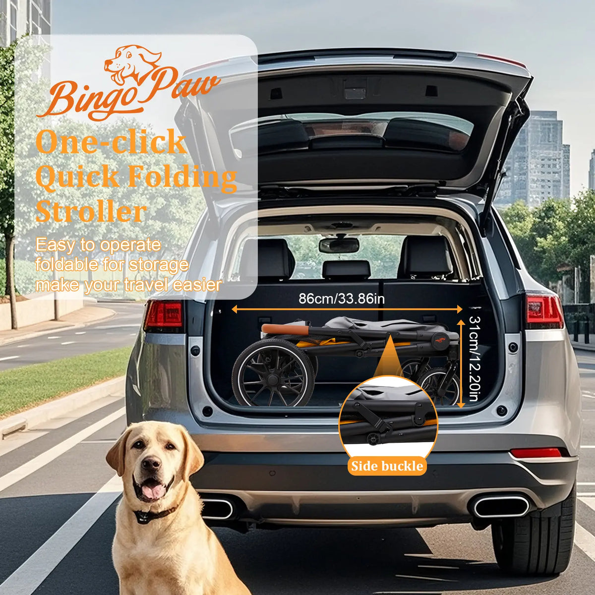 Bingopaw 1-Touch Foldable Puppy Stroller for Medium Dogs - Heavy-Duty Oxford Cloth Dog Carrier, Rear Storage Bag, Breathable Mesh, Viewing Window, Ideal for Old/Injured Pets, Indoor/Outdoor Use