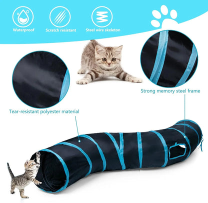 Foldable S-Curve Cat Tunnel Toy for Bored Indoor Cats, 1-Way/3-Way Multi-Entry, Multi-Channel Maze with Peek Holes & Play Ball Exit, Durable Scratch-Resistant Polyester Fabr., Space-Saving, Universal Fit (Blue & Black)