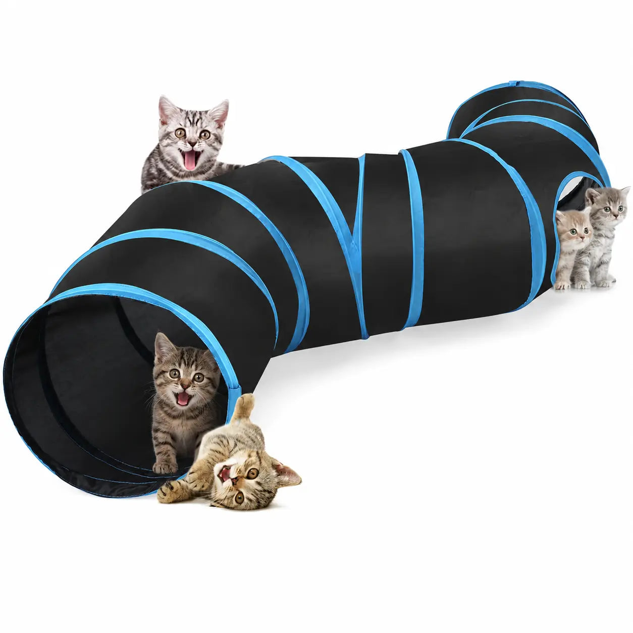 Foldable S-Curve Cat Tunnel Toy for Bored Indoor Cats, 1-Way/3-Way Multi-Entry, Multi-Channel Maze with Peek Holes & Play Ball Exit, Durable Scratch-Resistant Polyester Fabr., Space-Saving, Universal Fit (Blue & Black)