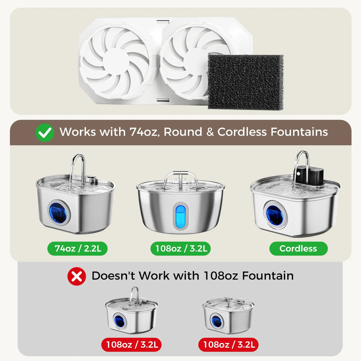 Round One Cat Water Fountain Stainless Steel - 3.2L/108Oz Pet Water Fountain for Cats Indoor - Automatic Pet Watering Dispenser (1 Filter) Pat Water Fountain
