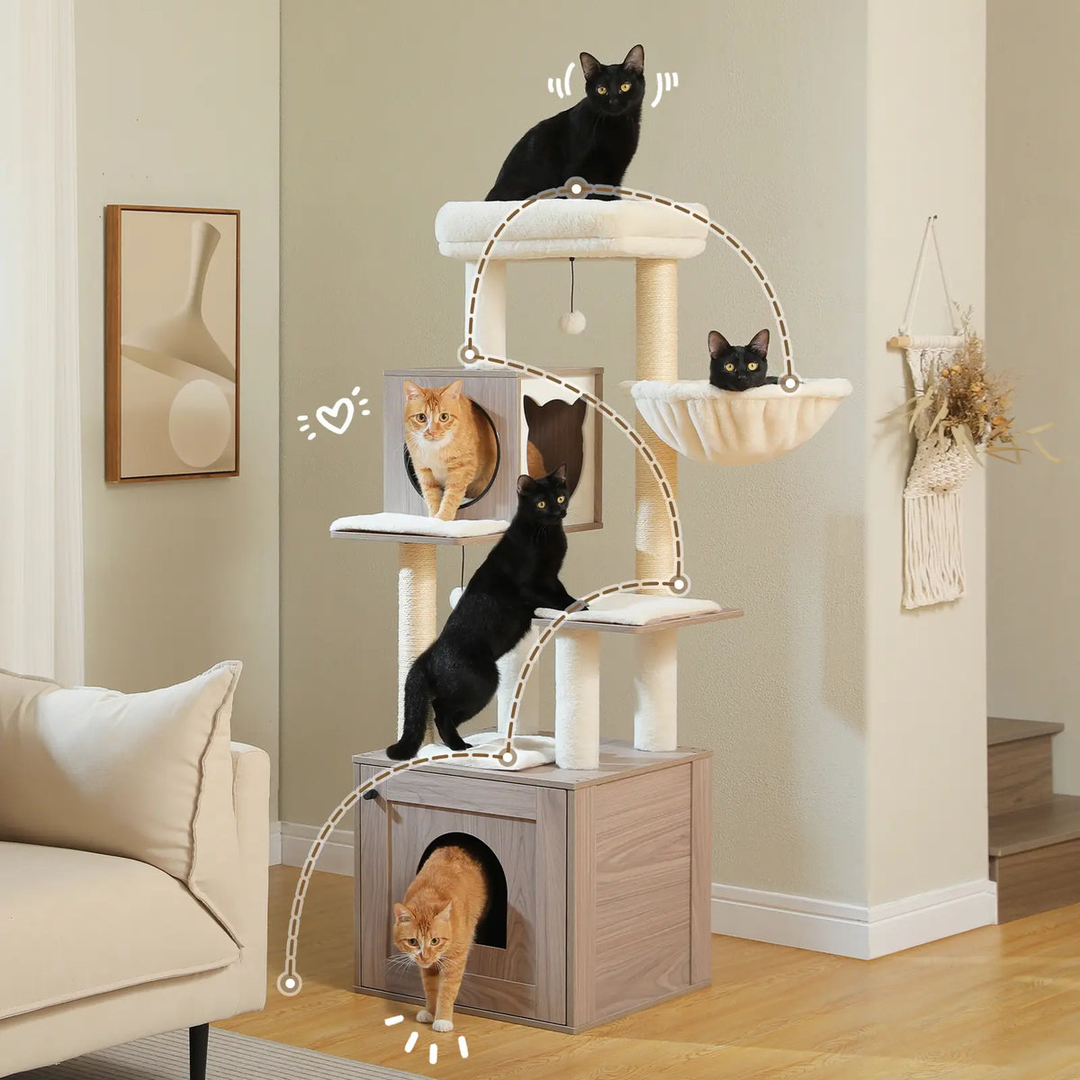 PAWZ Road Cat Tree with Litter Box Enclosure, 56.7-Inch Modern Cat Tower with Storage Cabinet and Spacious Wood Cat Condo, Sisal Covered Scratching Post and Repalcable Dangling Balls#Dealsforyoudays