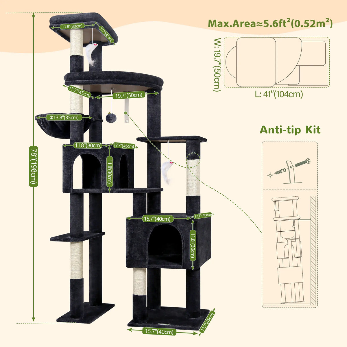 Deskat 78Inches Cat Tree for Large Cats . 2 Cat Condos ; 5 Sisal Posts; 2 Perches; F78C