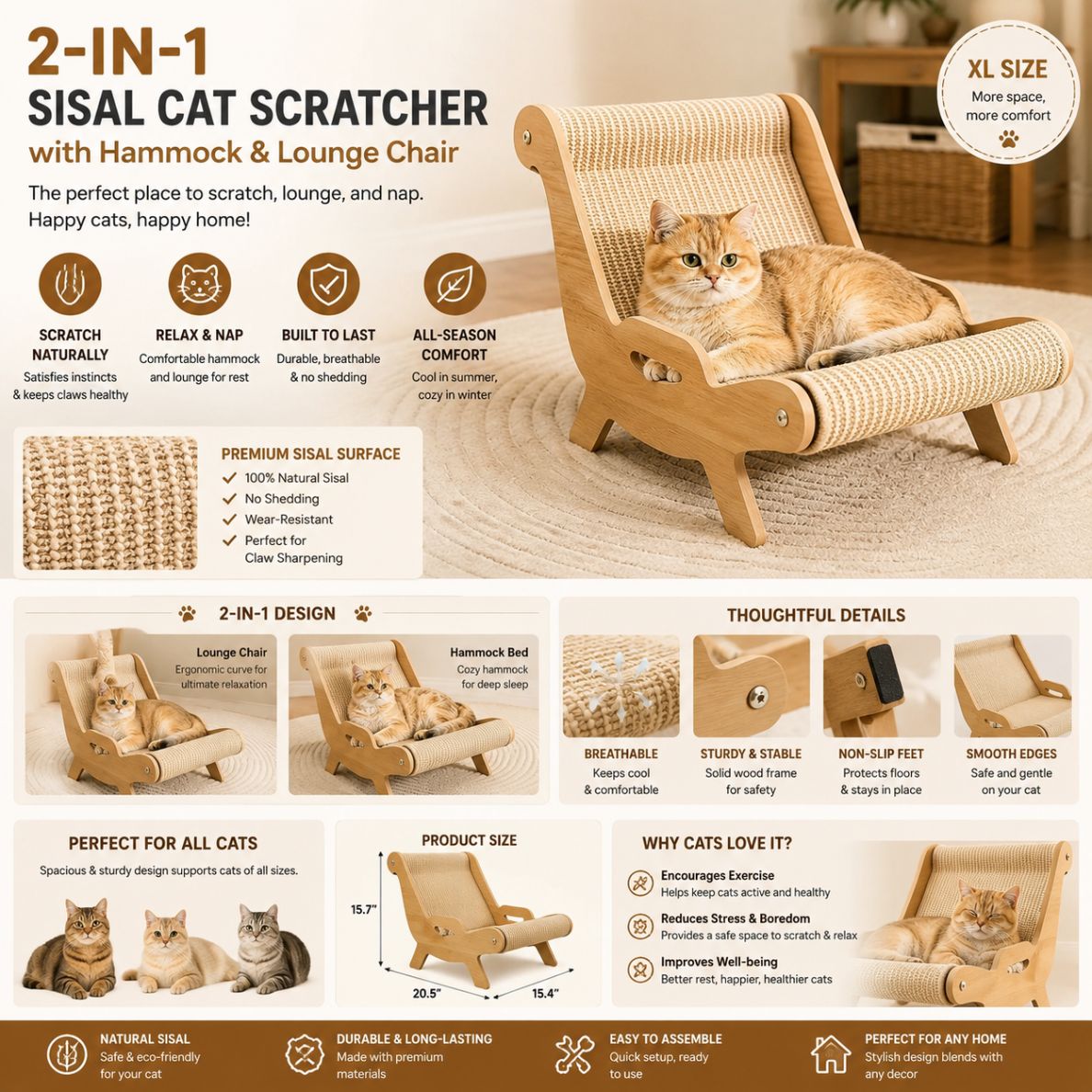2-In-1 Sisal Cat Scratcher with Hammock & Lounge Chair No Shedding XL Size Breathable Durable All-Season Cat Bed for Claw Sharpening & Rest