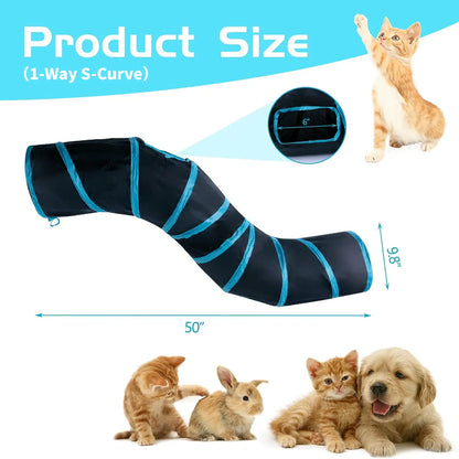 Foldable S-Curve Cat Tunnel Toy for Bored Indoor Cats, 1-Way/3-Way Multi-Entry, Multi-Channel Maze with Peek Holes & Play Ball Exit, Durable Scratch-Resistant Polyester Fabr., Space-Saving, Universal Fit (Blue & Black)