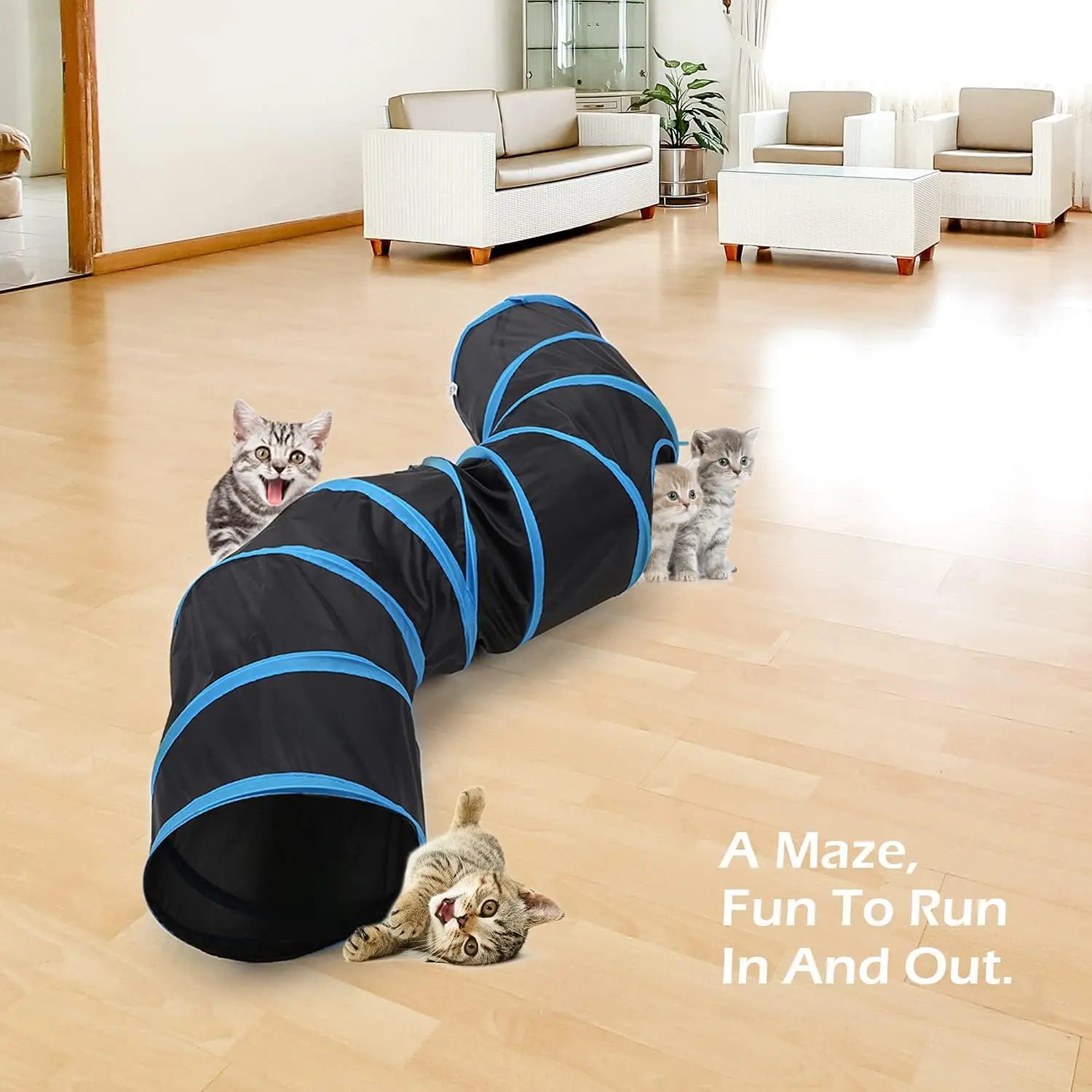 Foldable S-Curve Cat Tunnel Toy for Bored Indoor Cats, 1-Way/3-Way Multi-Entry, Multi-Channel Maze with Peek Holes & Play Ball Exit, Durable Scratch-Resistant Polyester Fabr., Space-Saving, Universal Fit (Blue & Black)