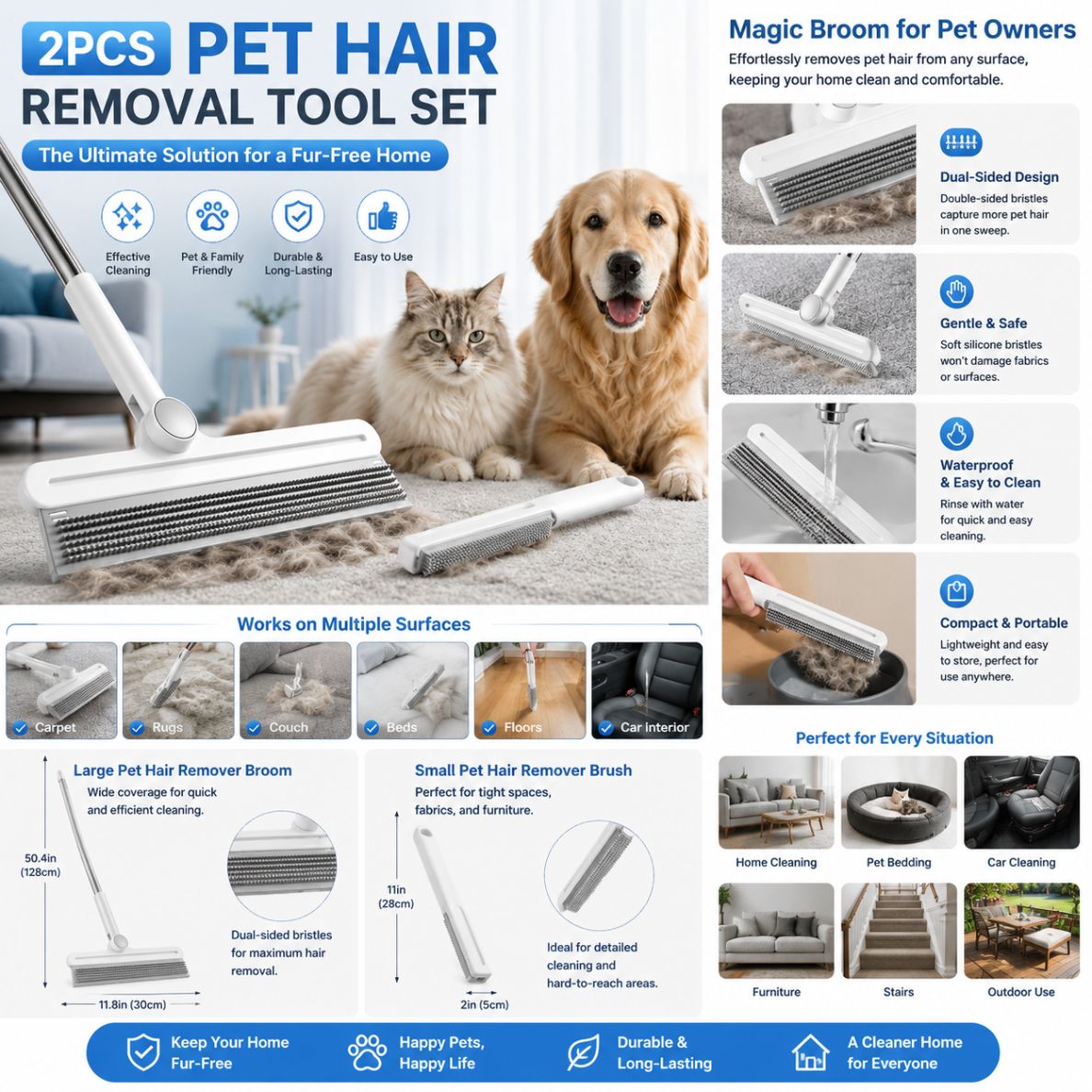 2PCS Multifunctional Pet Hair Removal Tool Set, Large & Small Pet Hair Remover Brush & Silicone Broom for Dog & Cat Hair, Carpet, Rugs, Couch, Floors & Furniture&Outdoor，Waterproofing & Cleaning
