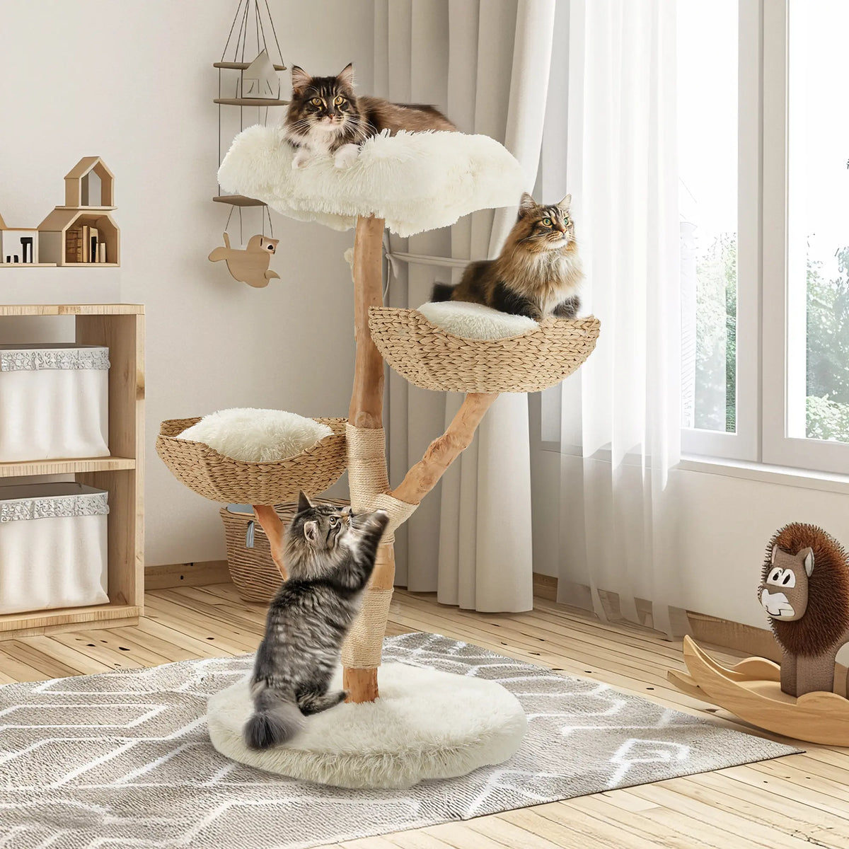 EROMMY Natural Wood Cat Tree - 37-Inch Holiday Edition, Hand-Woven Baskets, Sisal Scratching Posts, Star Scratcher, Festive Santa Hat Design, Wide Base for Calm Play, Washable Cover, Interchangeable Parts, 2 Hanging Stars, Cozy Indoor Tower for 2 Cats