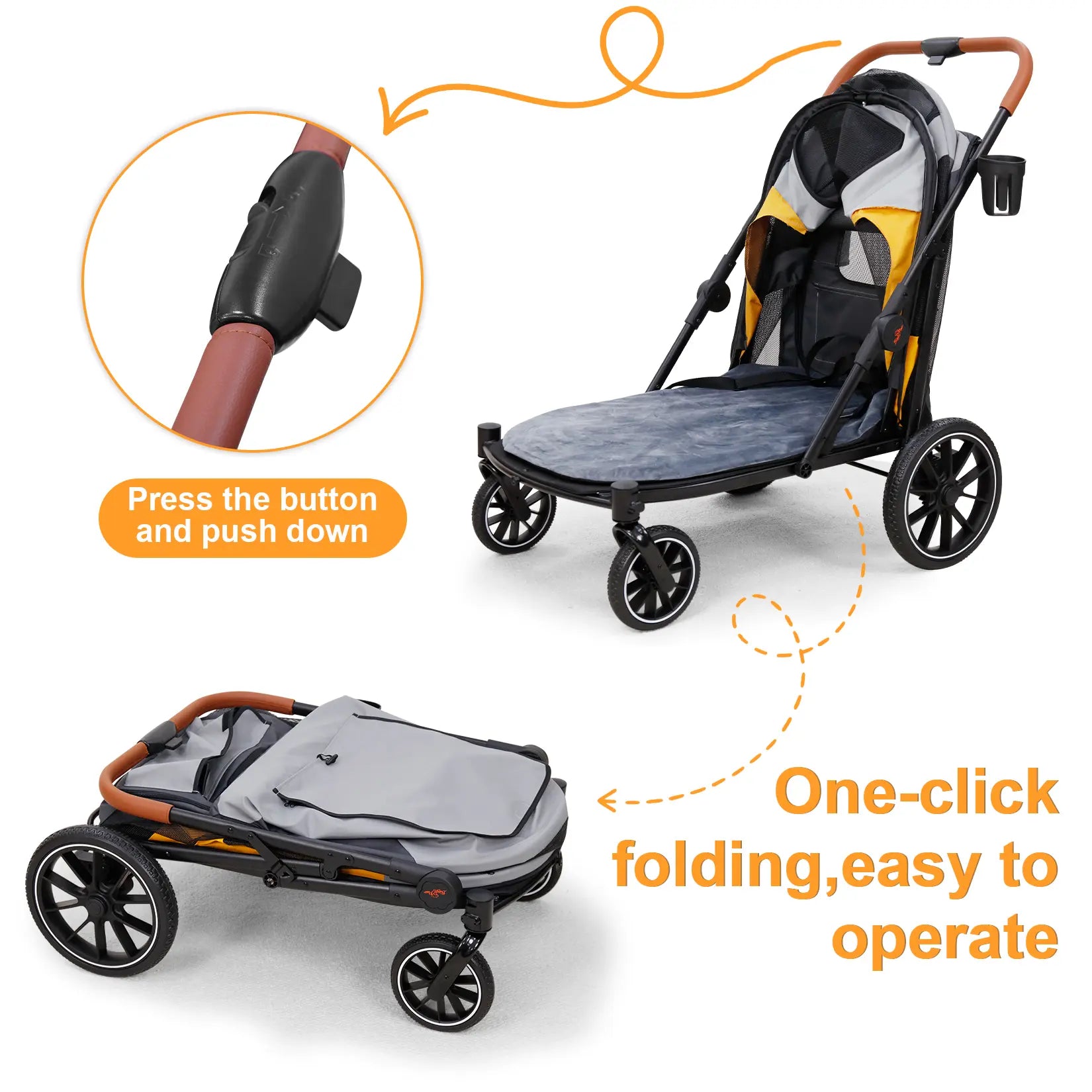 Bingopaw 1-Touch Foldable Puppy Stroller for Medium Dogs - Heavy-Duty Oxford Cloth Dog Carrier, Rear Storage Bag, Breathable Mesh, Viewing Window, Ideal for Old/Injured Pets, Indoor/Outdoor Use