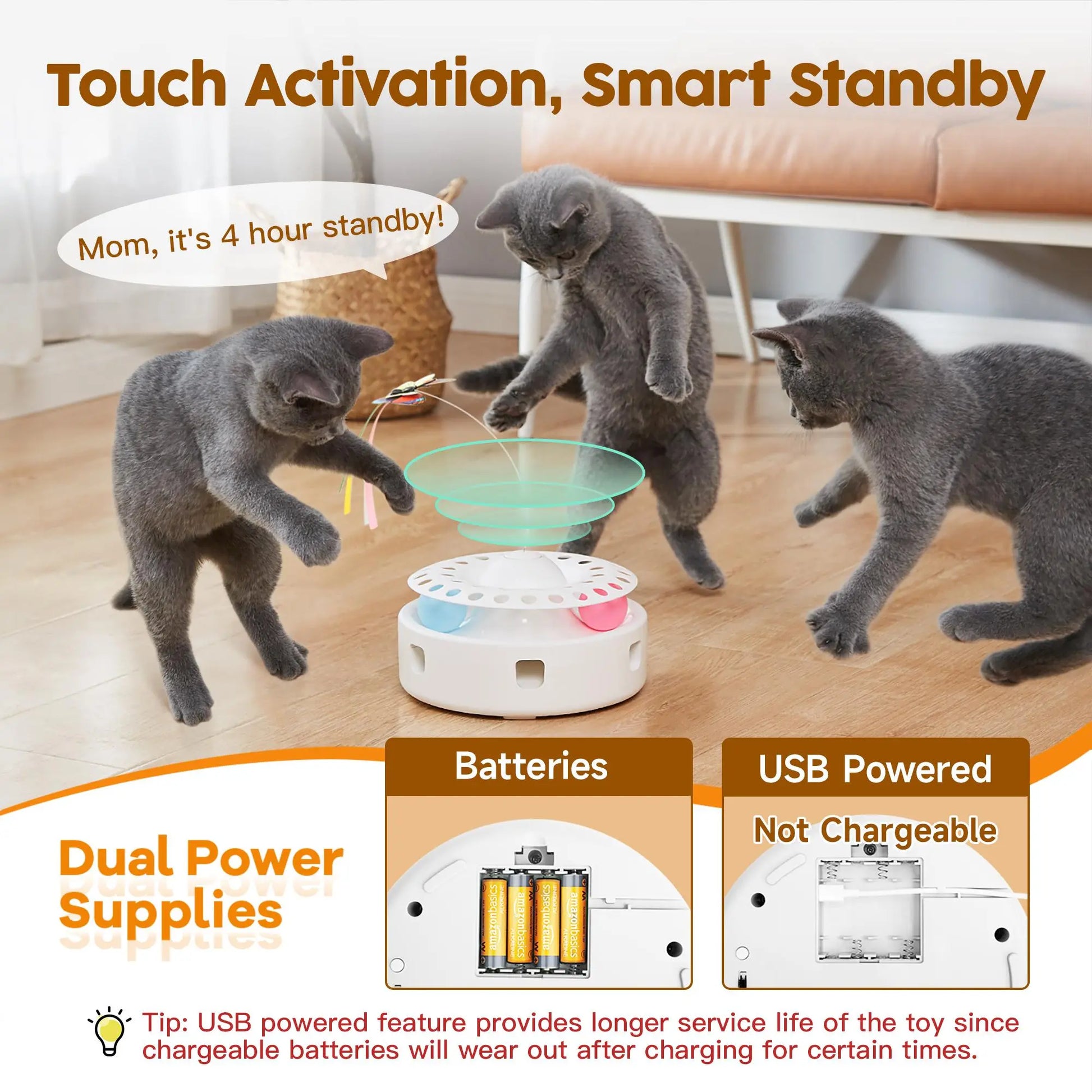 Potaroma Premium 3-In-1 Automatic Interactive Cat Toy, Fluttering Butterfly, Ambush Feather, Track Balls, Dual Power, USB Powered, Indoor Enrichment Toy for Kittens & Cats, Polypropylene, 4 Aa Batteries, Flexible Dual Power System, Healthy Activity Levels