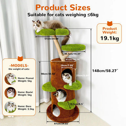 Bingopaw Cat Tree Large Cat Tower with Sturdy Wooden Frame Sisal Rope Scratching Post Modern Cat Condo for Indoor Cats Green Brown Multi Level Fun for Active Cats