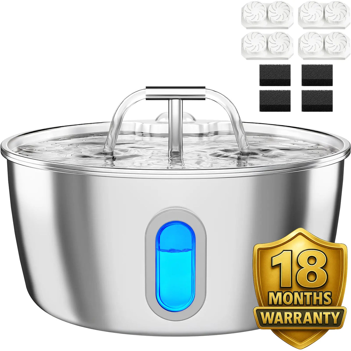Round One Cat Water Fountain Stainless Steel - 3.2L/108Oz Pet Water Fountain for Cats Indoor - Automatic Pet Watering Dispenser (1 Filter) Pat Water Fountain