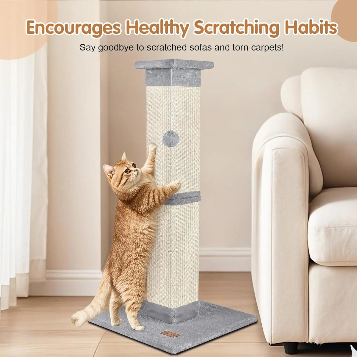33 Inch Grey Cat Scratching Post for Indoor Cats, Cat Tree for Full-Body Stretching, Protect Your Furniture
