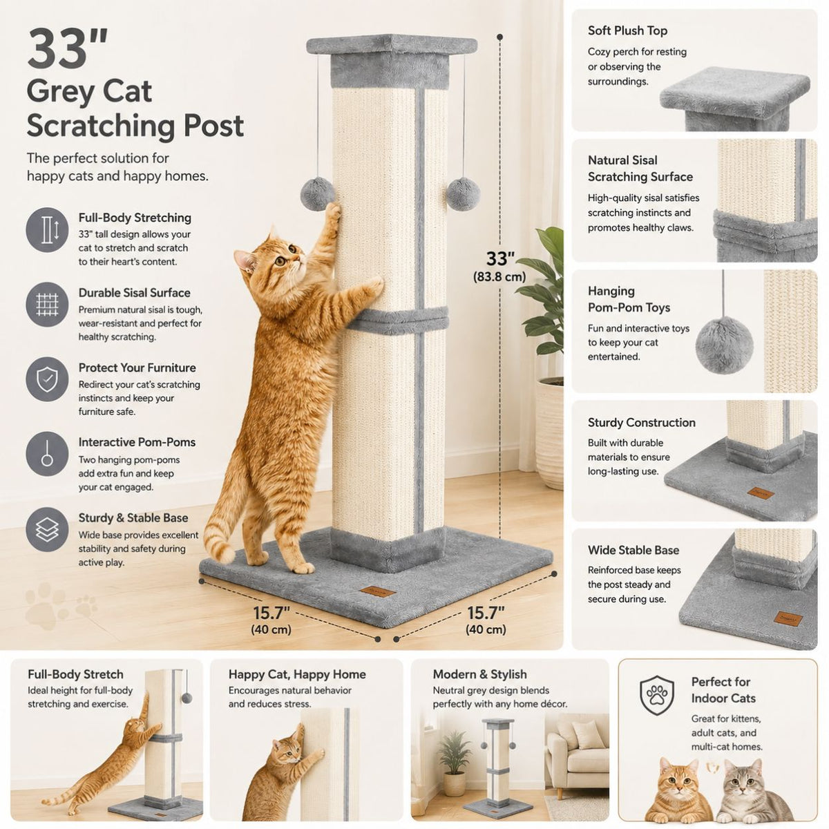 33 Inch Grey Cat Scratching Post for Indoor Cats, Cat Tree for Full-Body Stretching, Protect Your Furniture