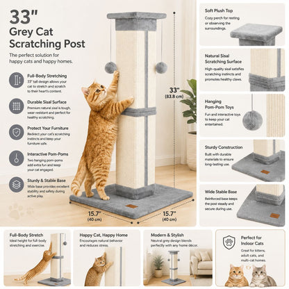 33 Inch Grey Cat Scratching Post for Indoor Cats, Cat Tree for Full-Body Stretching, Protect Your Furniture