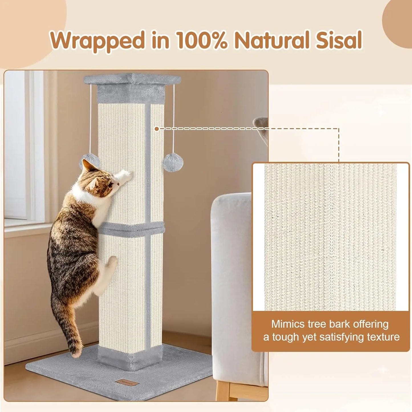 33 Inch Grey Cat Scratching Post for Indoor Cats, Cat Tree for Full-Body Stretching, Protect Your Furniture