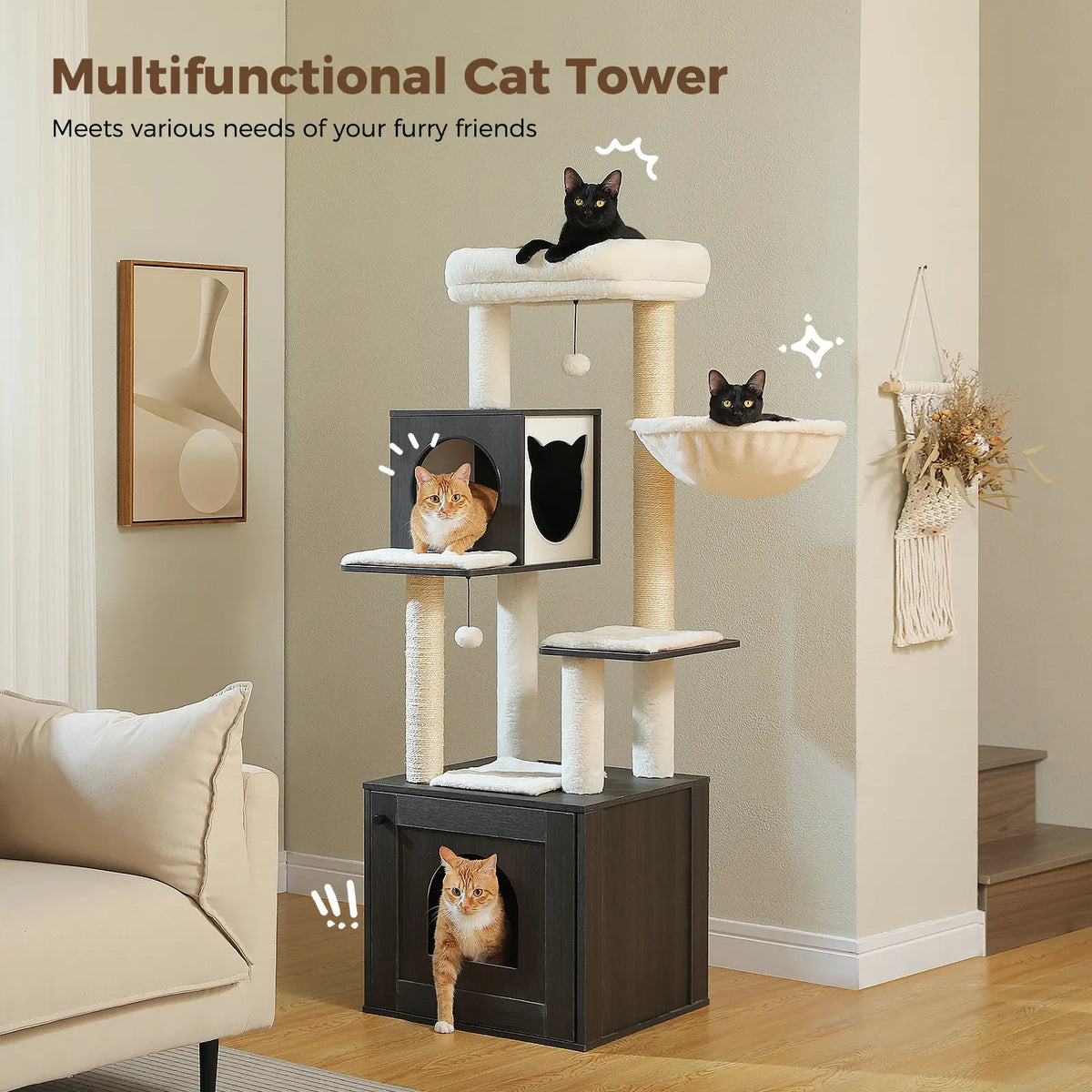 PAWZ Road Cat Tree with Litter Box Enclosure, 56.7-Inch Modern Cat Tower with Storage Cabinet and Spacious Wood Cat Condo, Sisal Covered Scratching Post and Repalcable Dangling Balls#Dealsforyoudays
