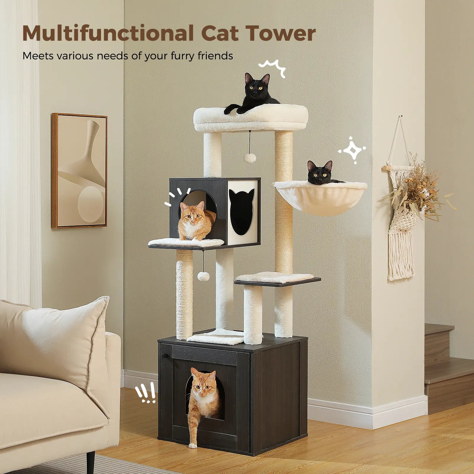 PAWZ Road Cat Tree with Litter Box Enclosure, 56.7-Inch Modern Cat Tower with Storage Cabinet and Spacious Wood Cat Condo, Sisal Covered Scratching Post and Repalcable Dangling Balls#Dealsforyoudays