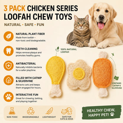 3 Pack Chicken Series Loofah Chew Toys for Cats & Dogs, Chicken Leg Bone Drumstick Egg Natural Plant Fiber Pet Toy with Catnip & Silvervine, Antibacterial Molar Teeth Cleaning Interactive Toy, Non-Toxic Biodegradable