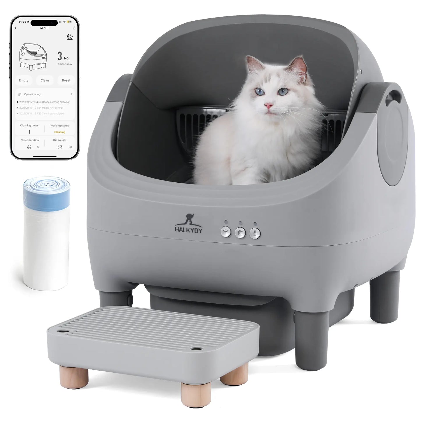 Upgraded Self-Cleaning Cat Litter Box with Raised Step, Monitor + Control via Smart App, Odor Control & Health Monitoring & Safety Protection & Low Noise, Large Automatic Litter Box for Multiple Cats