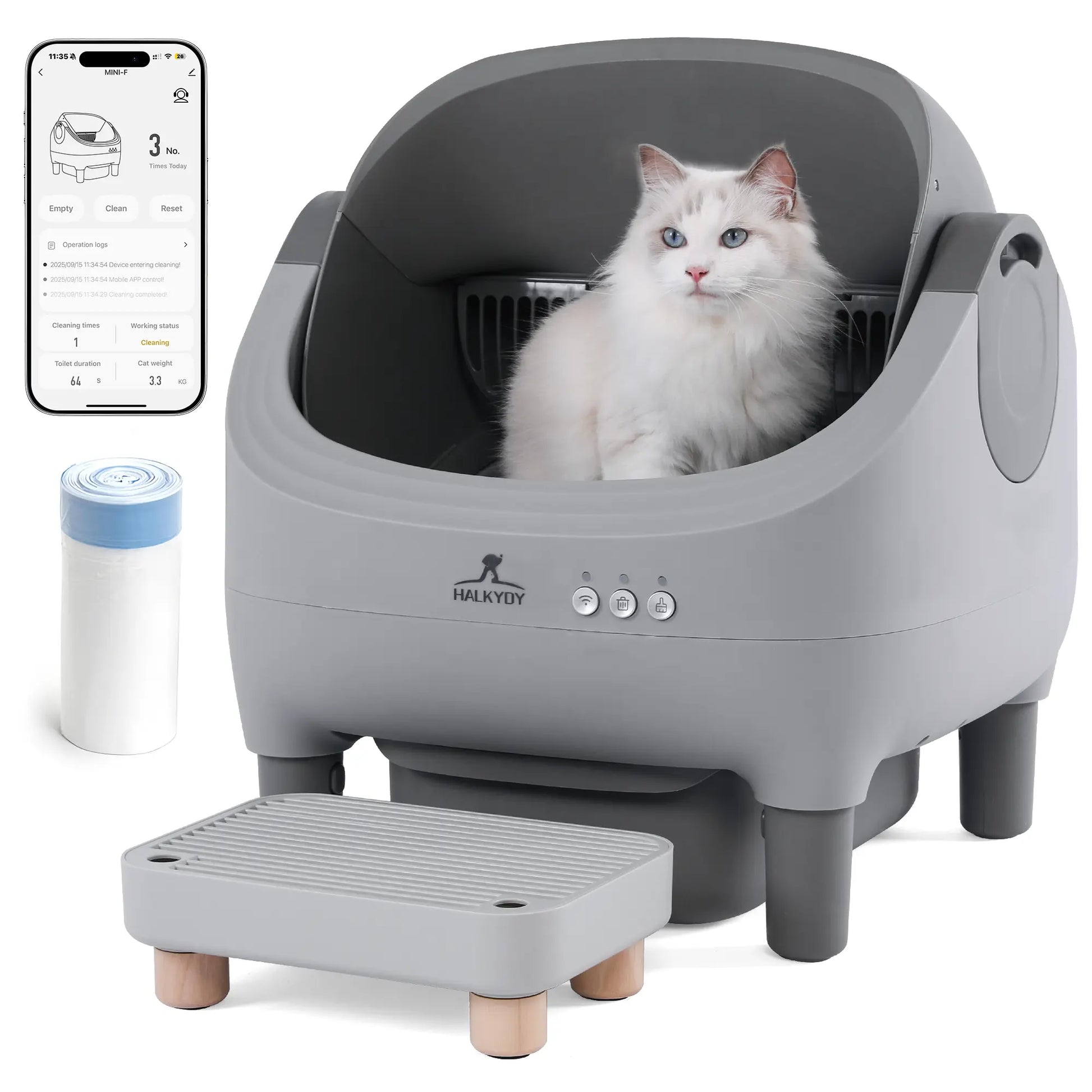 Upgraded Self-Cleaning Cat Litter Box with Raised Step, Monitor + Control via Smart App, Odor Control & Health Monitoring & Safety Protection & Low Noise, Large Automatic Litter Box for Multiple Cats