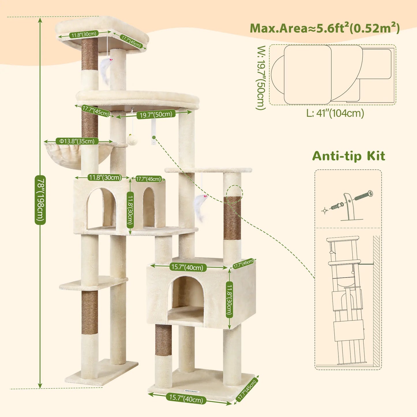 Deskat 78Inches Cat Tree for Large Cats . 2 Cat Condos ; 5 Sisal Posts; 2 Perches; F78C