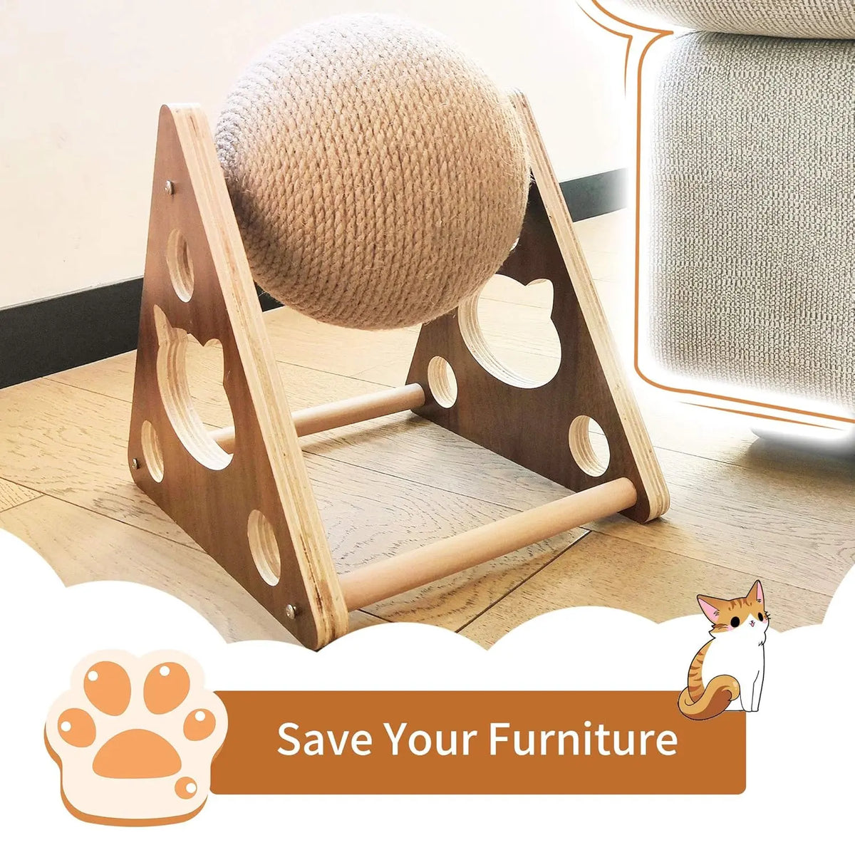 Wooden Cat Scratching Ball, Cat Sharpening Claws, Hand-Wrapped Sword, Jute Rope, Cat Climbing Frame, Cat Scratching Post, Durable Cat Toy.