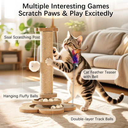 Pawaboo 9.45'' Cat Scratching Post, Cat Scratcher Tree Tower Scratching Posts for Indoor Cats, Sisal Kitten Scratch Posts Trees with Hanging Fluffy Balls and Track Balls, Furniture Protector Cat Toys Wood