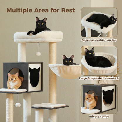 PAWZ Road Cat Tree with Litter Box Enclosure, 56.7-Inch Modern Cat Tower with Storage Cabinet and Spacious Wood Cat Condo, Sisal Covered Scratching Post and Repalcable Dangling Balls#Dealsforyoudays