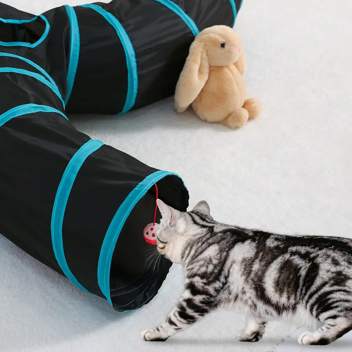 Foldable S-Curve Cat Tunnel Toy for Bored Indoor Cats, 1-Way/3-Way Multi-Entry, Multi-Channel Maze with Peek Holes & Play Ball Exit, Durable Scratch-Resistant Polyester Fabr., Space-Saving, Universal Fit (Blue & Black)