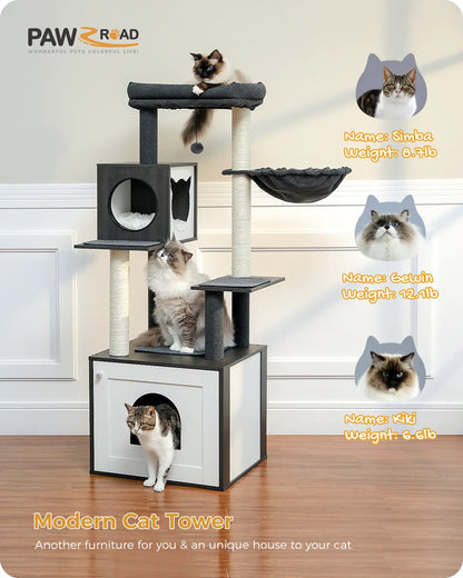 PAWZ Road Cat Tree with Litter Box Enclosure, 56.7-Inch Modern Cat Tower with Storage Cabinet and Spacious Wood Cat Condo, Sisal Covered Scratching Post and Repalcable Dangling Balls#Dealsforyoudays