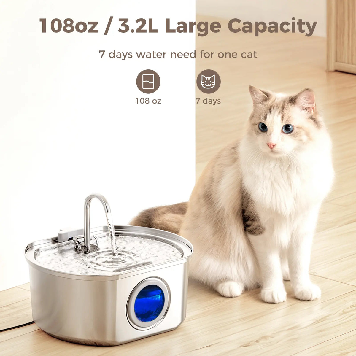 Neareal Oval Stainless Steel Automatic Pet Feeder - 108Oz/3.2L Fountain for Dogs & Cats with Water Level Window, Drinking Water Bowl, Power Supply, Hydration Boost, Easy to Clean, Odor-Eliminating Gift, Automatic Water Feeder