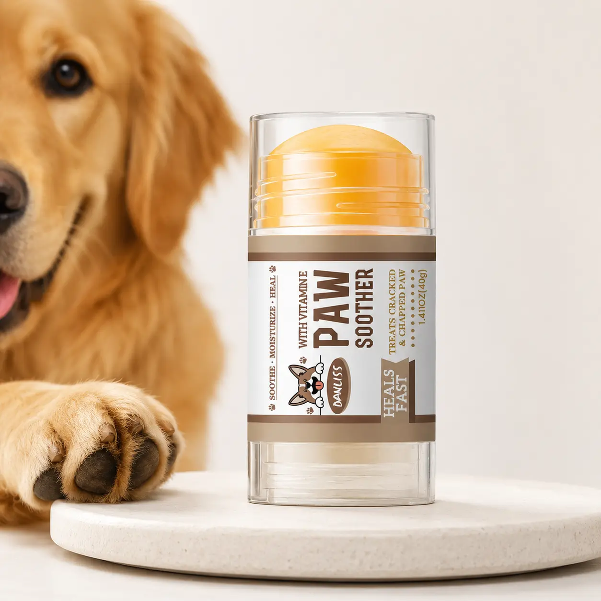 Dog Paw Balm Stick for Dry & Rough Paw Pads, Moisturizing Paw Soother with Vitamin E, No-Mess Glide-On Dog Paw Care Balm for Daily Walks, 1.41Oz/40G