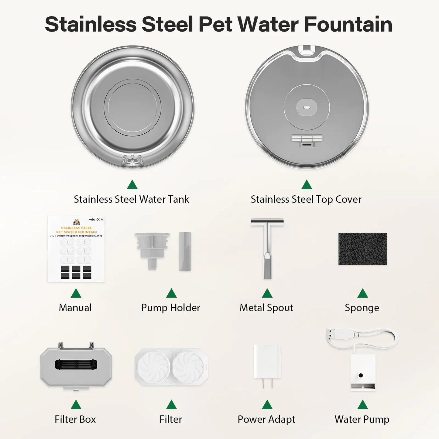 Round One Cat Water Fountain Stainless Steel - 3.2L/108Oz Pet Water Fountain for Cats Indoor - Automatic Pet Watering Dispenser (1 Filter) Pat Water Fountain