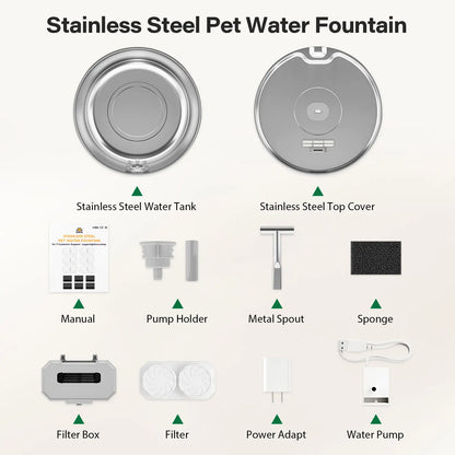 Round One Cat Water Fountain Stainless Steel - 3.2L/108Oz Pet Water Fountain for Cats Indoor - Automatic Pet Watering Dispenser (1 Filter) Pat Water Fountain