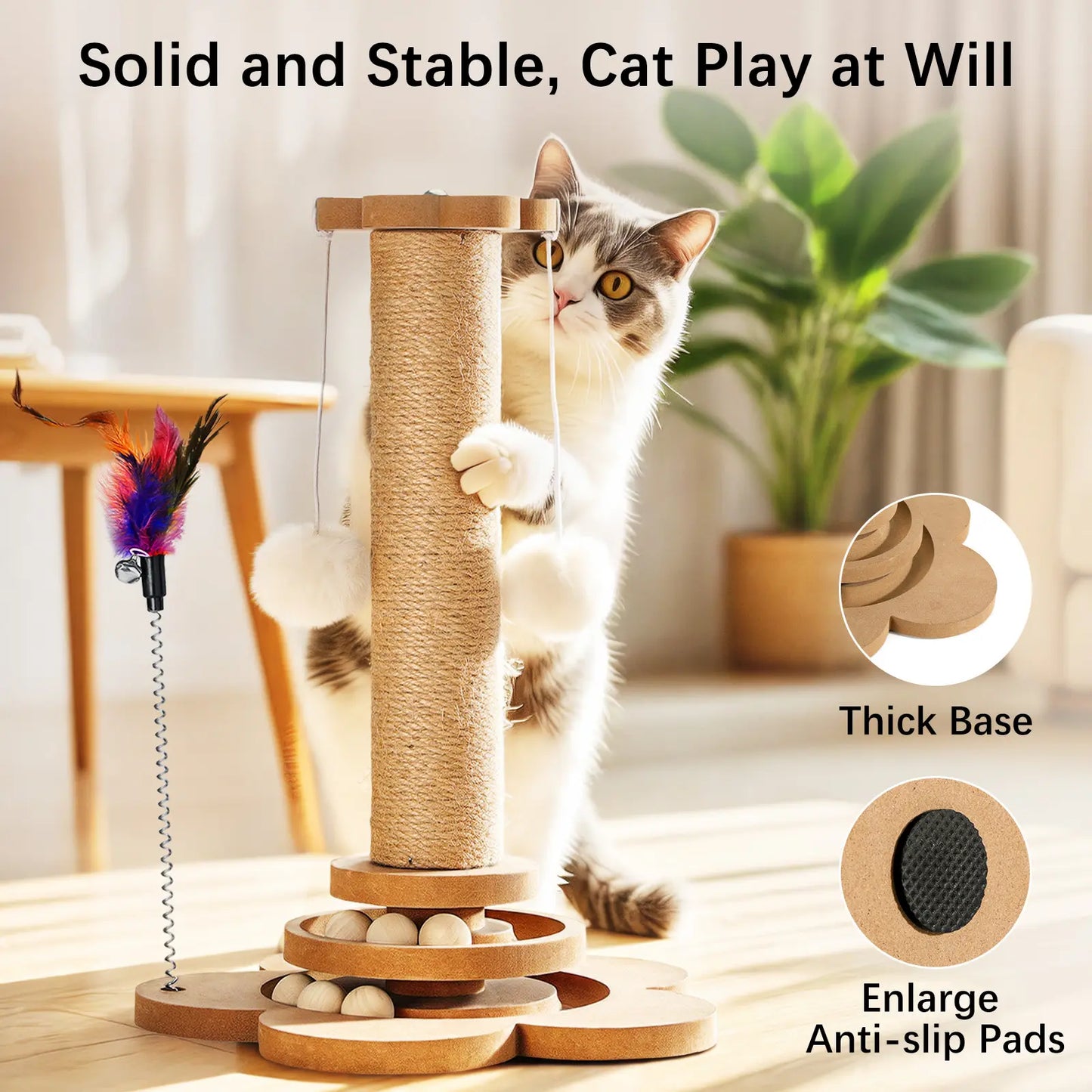 Pawaboo 9.45'' Cat Scratching Post, Cat Scratcher Tree Tower Scratching Posts for Indoor Cats, Sisal Kitten Scratch Posts Trees with Hanging Fluffy Balls and Track Balls, Furniture Protector Cat Toys Wood
