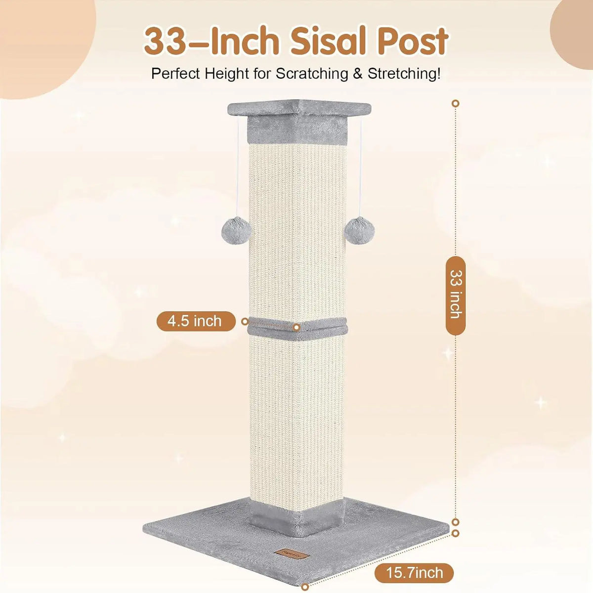 33 Inch Grey Cat Scratching Post for Indoor Cats, Cat Tree for Full-Body Stretching, Protect Your Furniture