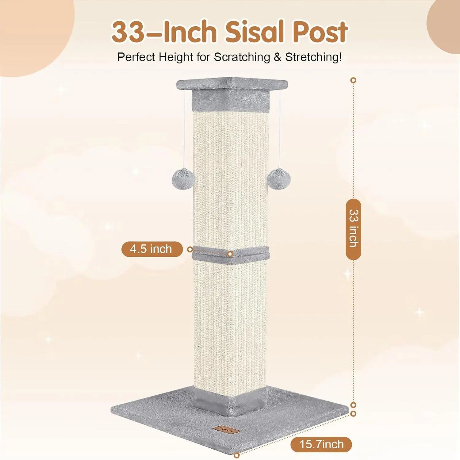33 Inch Grey Cat Scratching Post for Indoor Cats, Cat Tree for Full-Body Stretching, Protect Your Furniture