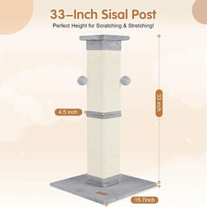 33 Inch Grey Cat Scratching Post for Indoor Cats, Cat Tree for Full-Body Stretching, Protect Your Furniture