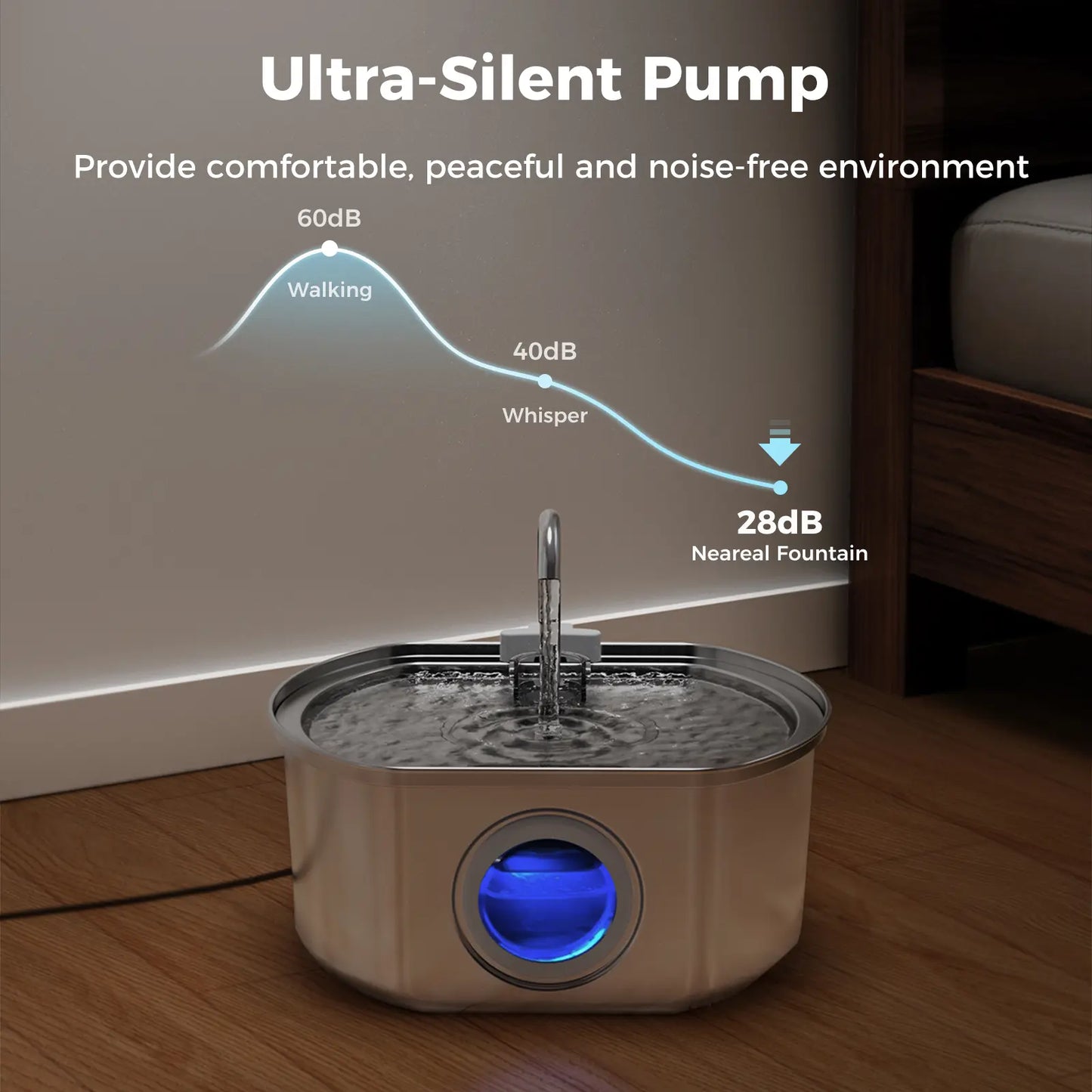 Neareal Oval Stainless Steel Automatic Pet Feeder - 108Oz/3.2L Fountain for Dogs & Cats with Water Level Window, Drinking Water Bowl, Power Supply, Hydration Boost, Easy to Clean, Odor-Eliminating Gift, Automatic Water Feeder