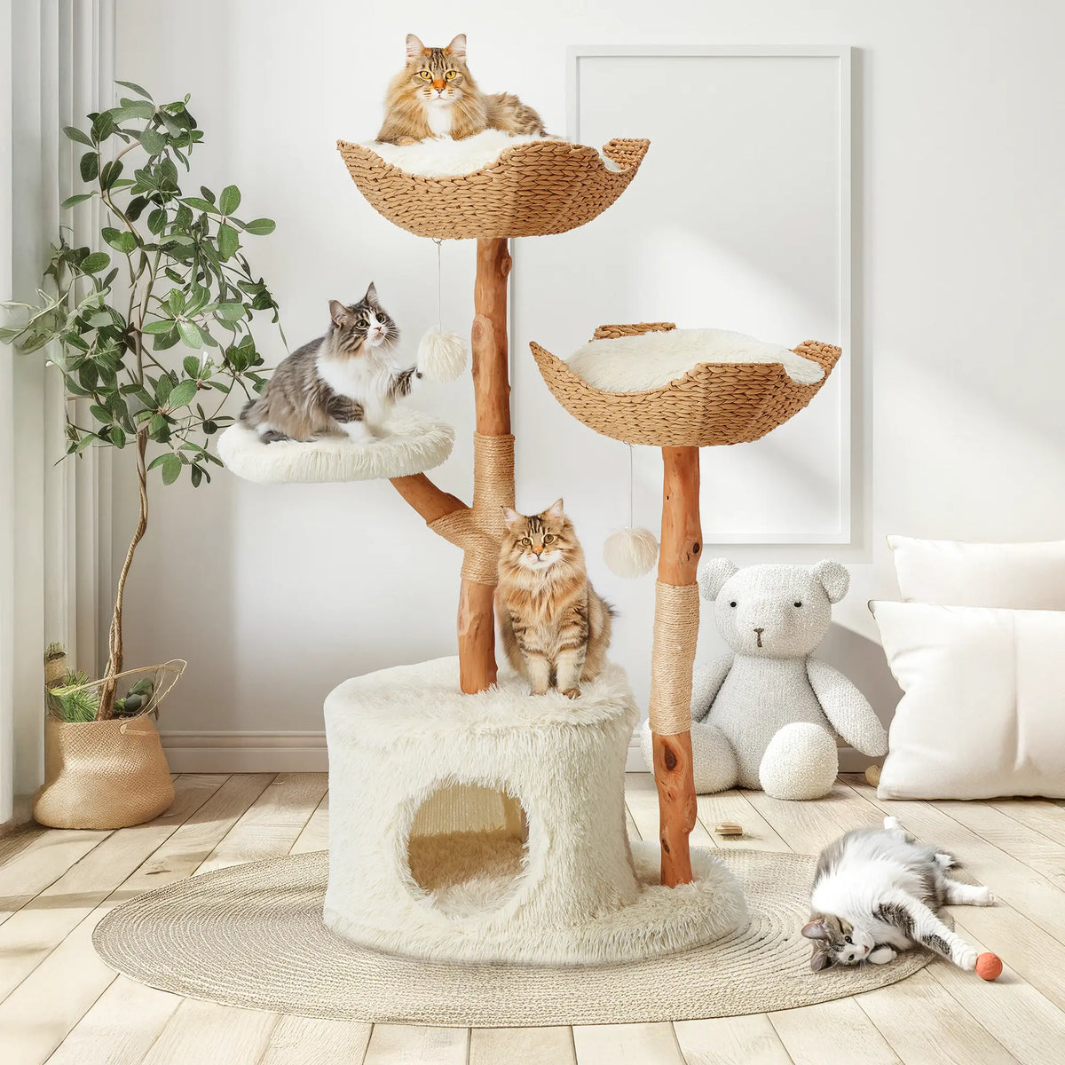 EROMMY Natural Wood Cat Tree - 37-Inch Holiday Edition, Hand-Woven Baskets, Sisal Scratching Posts, Star Scratcher, Festive Santa Hat Design, Wide Base for Calm Play, Washable Cover, Interchangeable Parts, 2 Hanging Stars, Cozy Indoor Tower for 2 Cats