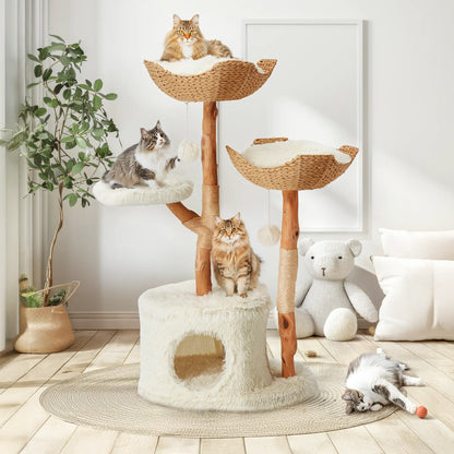 EROMMY Natural Wood Cat Tree - 37-Inch Holiday Edition, Hand-Woven Baskets, Sisal Scratching Posts, Star Scratcher, Festive Santa Hat Design, Wide Base for Calm Play, Washable Cover, Interchangeable Parts, 2 Hanging Stars, Cozy Indoor Tower for 2 Cats